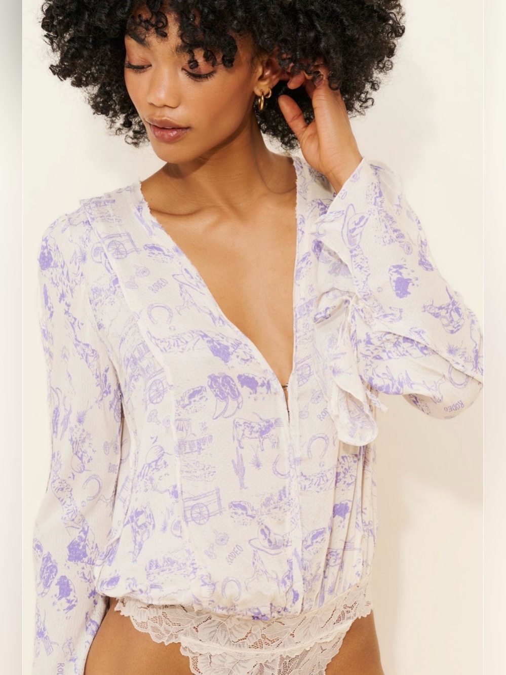 Free People Intimately Everything’s Rosy Bodysuit M Rodeo Print Lace Trim - Picture 3 of 8